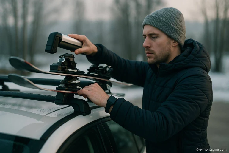 Homme fixant des skis sur porte-toit voiture