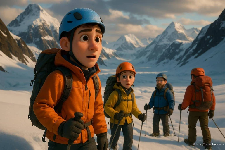 Groupe de randonneurs en montagne enneigée