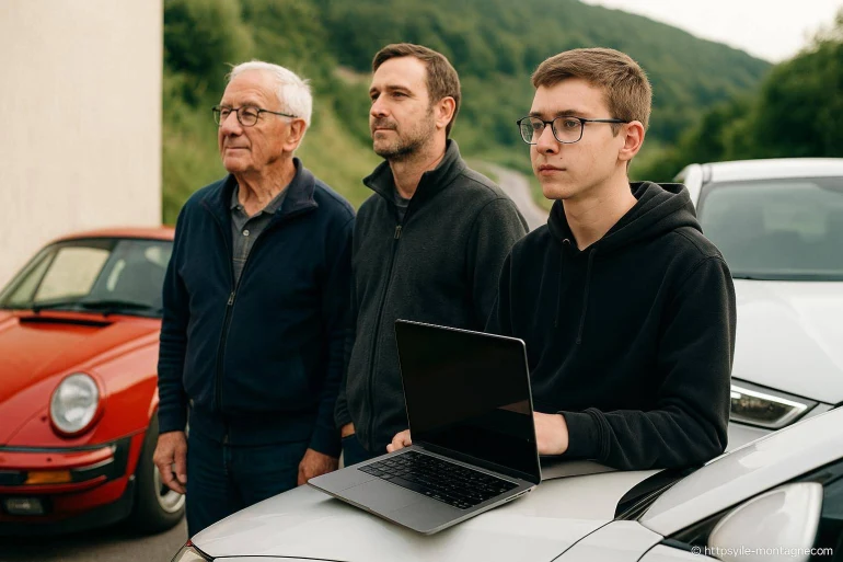 Trois générations devant voitures avec ordinateur