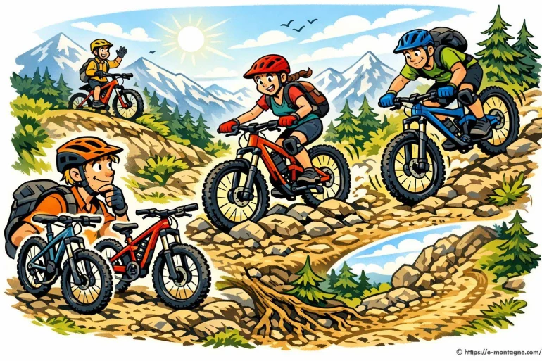 Cyclistes en montagne sur sentier rocheux