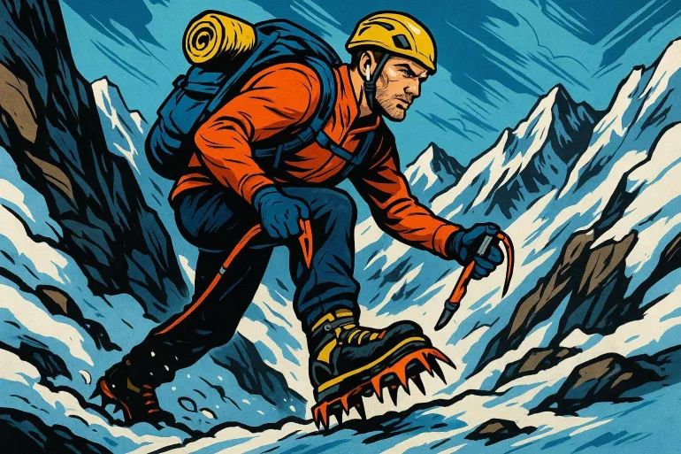 Alpiniste équipé escaladant une montagne enneigée