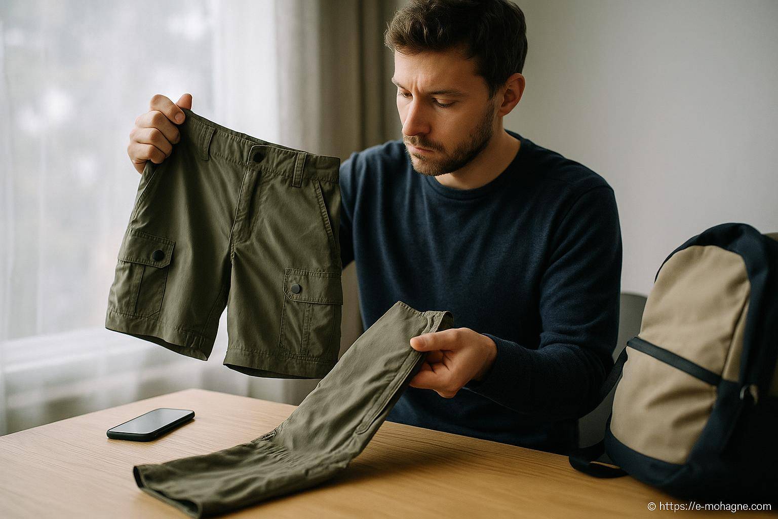 Homme comparant pantalon et short kaki