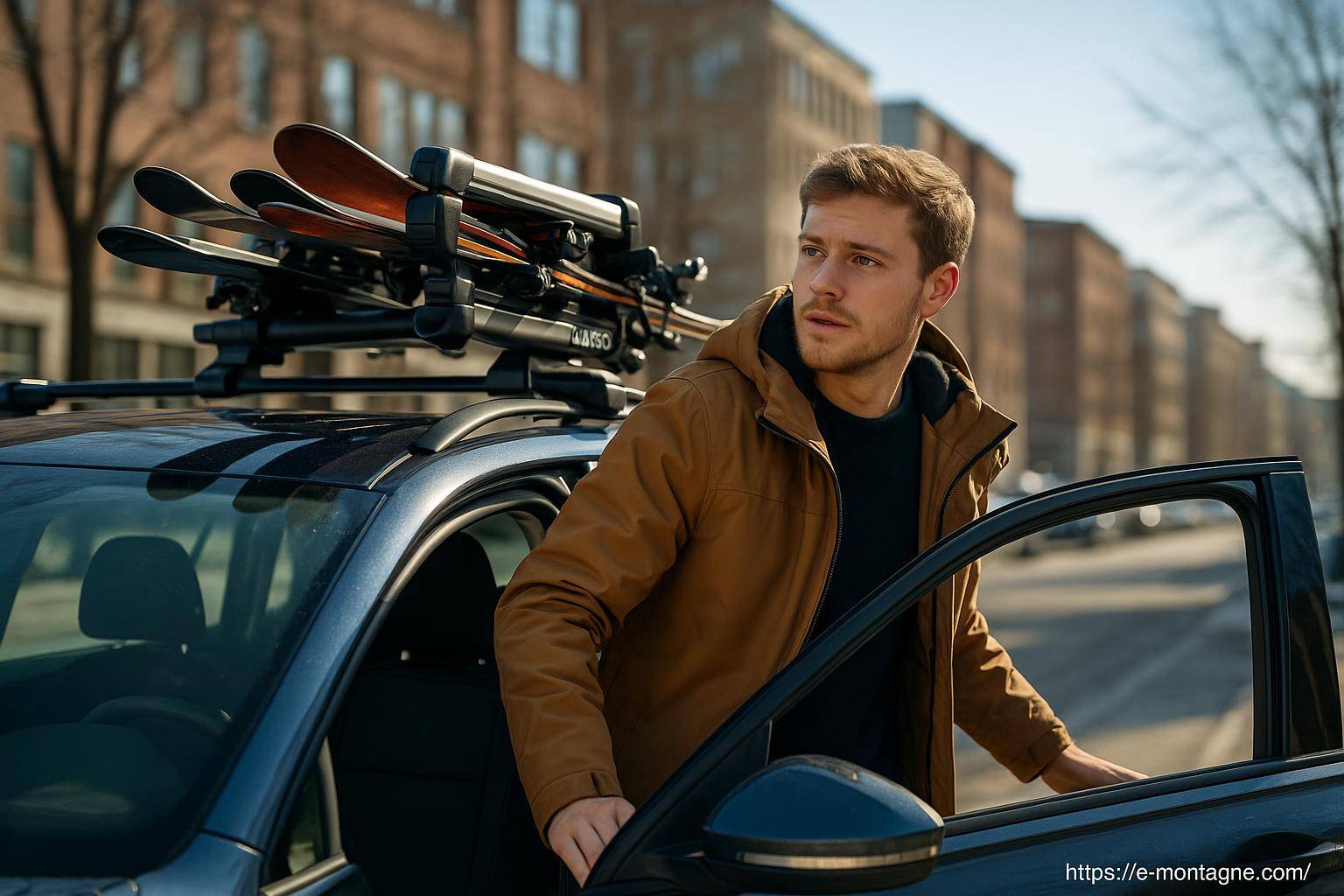 Homme sortant voiture skis sur toit