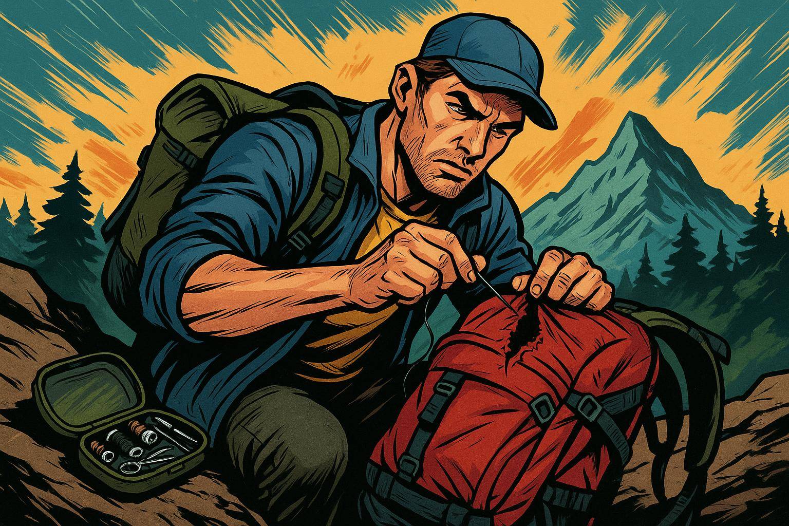 Homme répare sac à dos en montagne