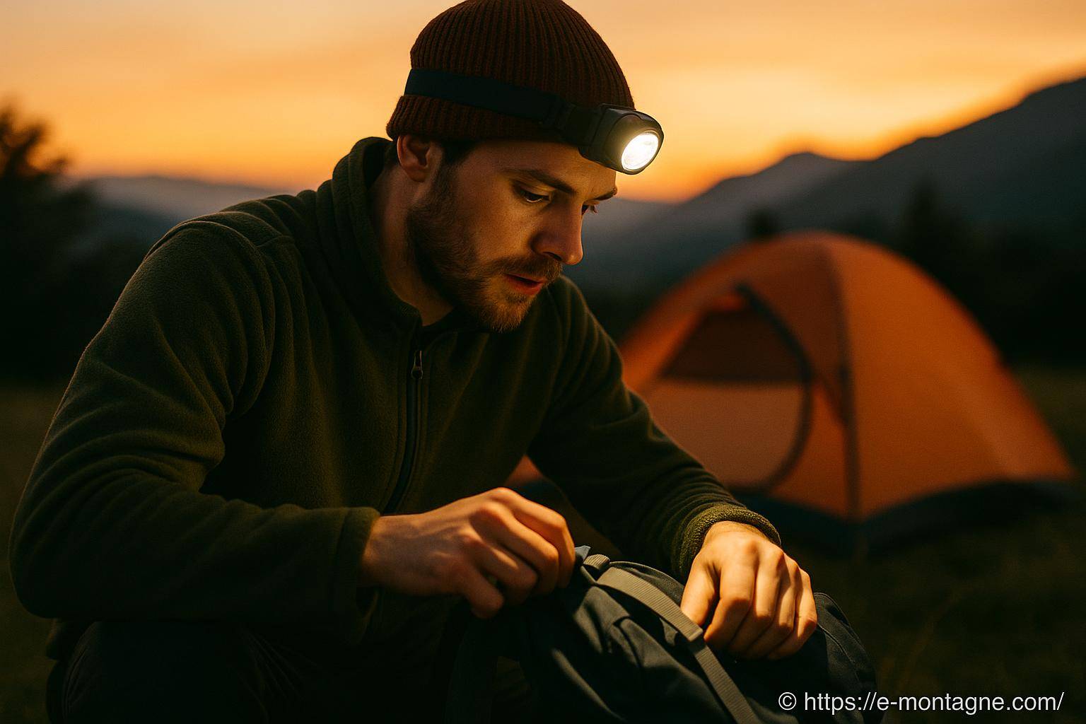 Homme en camping avec lampe frontale