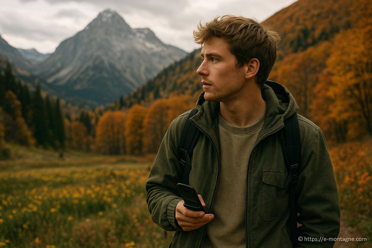 Jeune homme en randonnée automnale en montagne