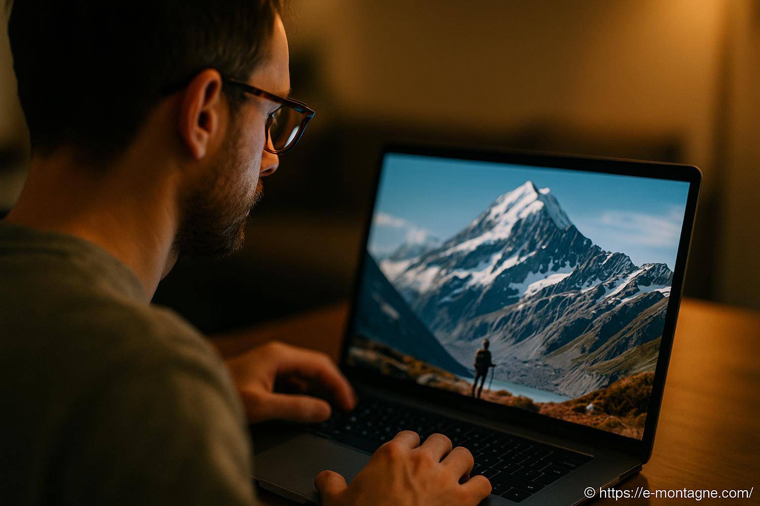 Homme regardant montagne sur écran ordinateur