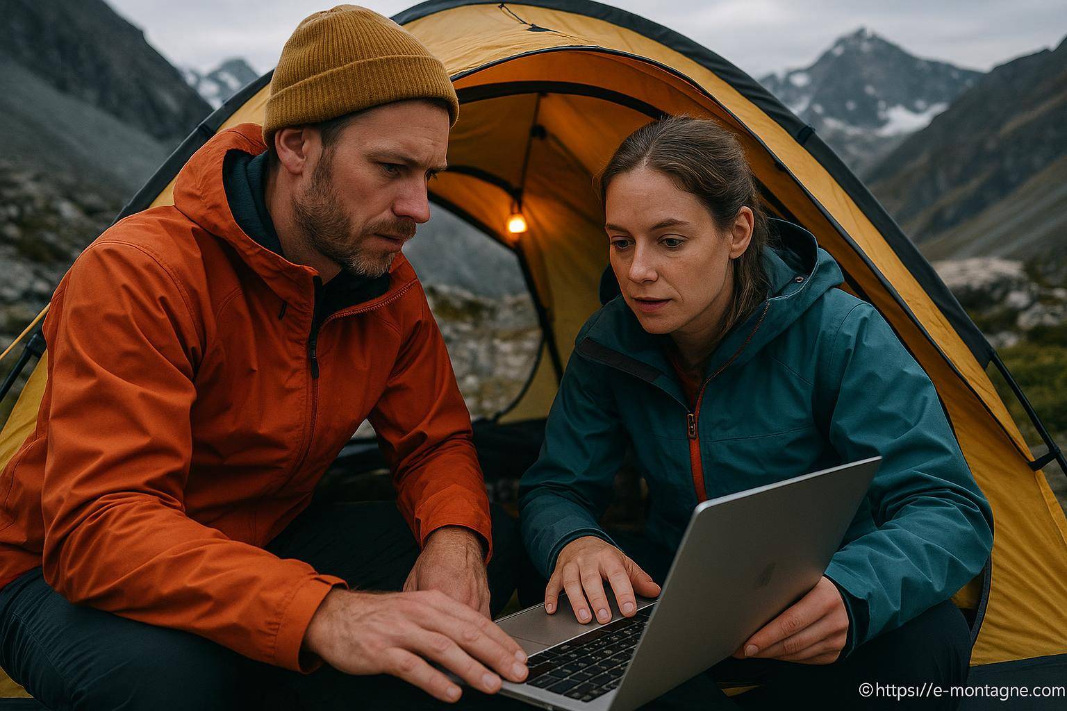 Couple utilisant un ordinateur en camping