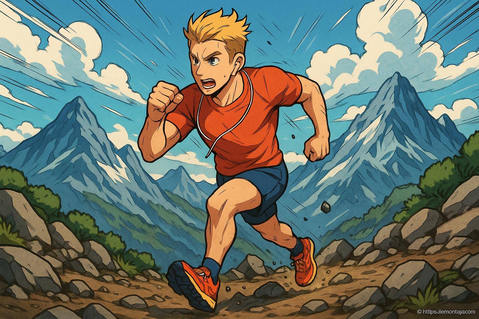 Homme courant en montagne animé