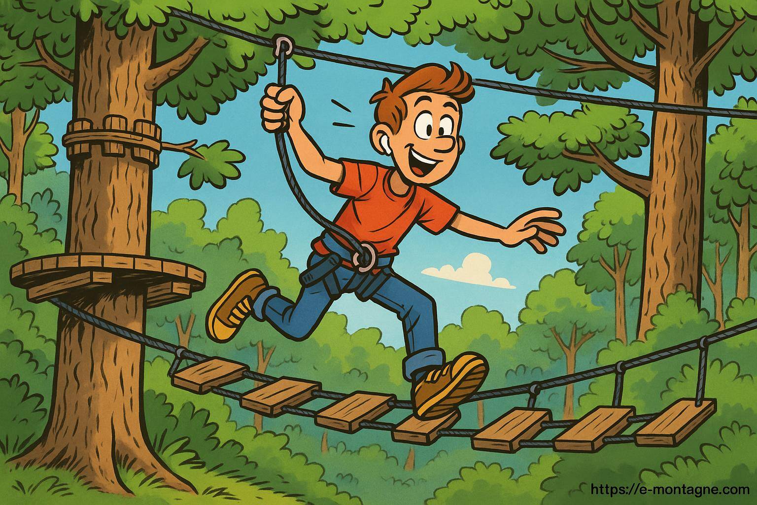 Garçon s'amusant sur parcours accrobranche