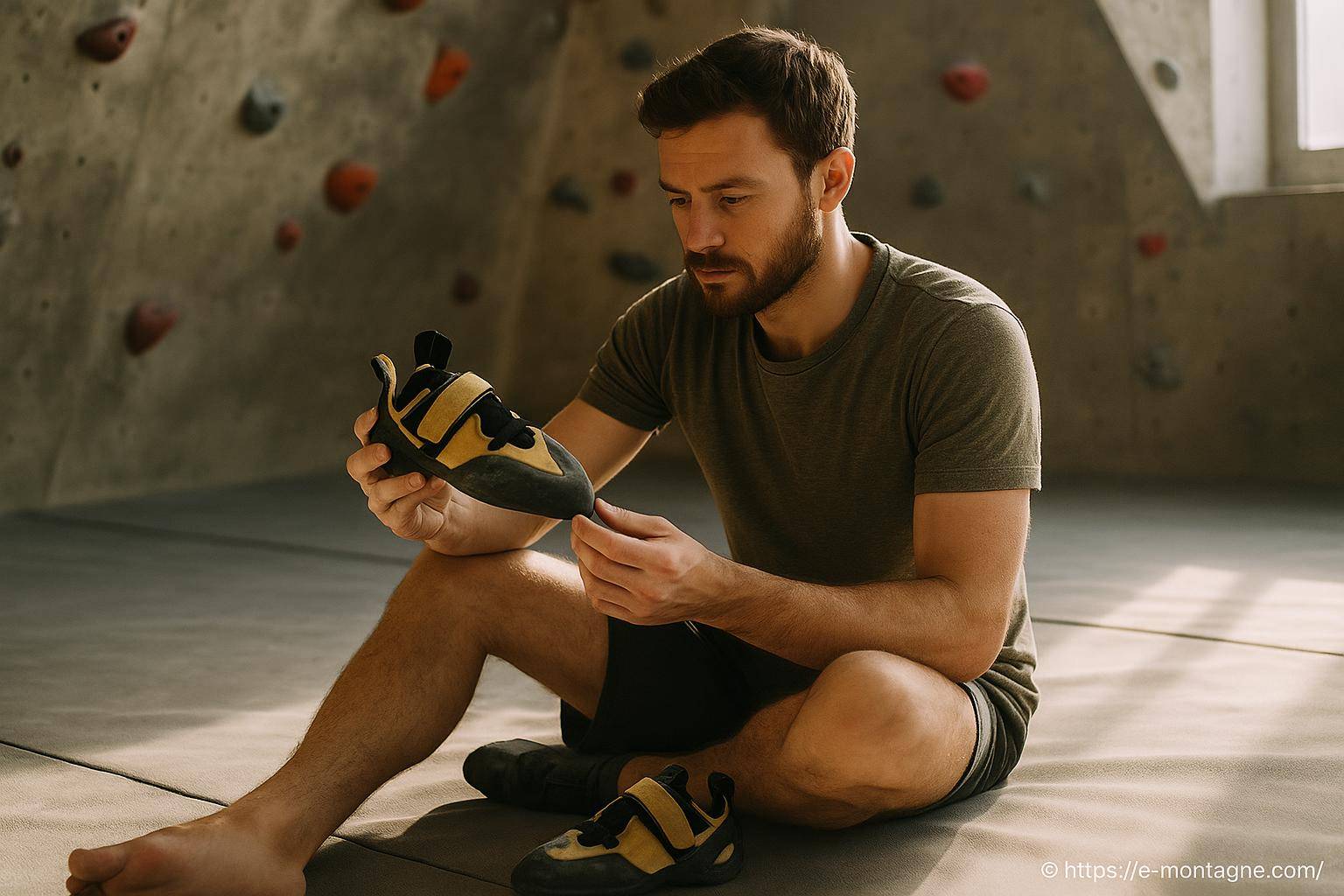 Homme examinant chausson d'escalade en salle
