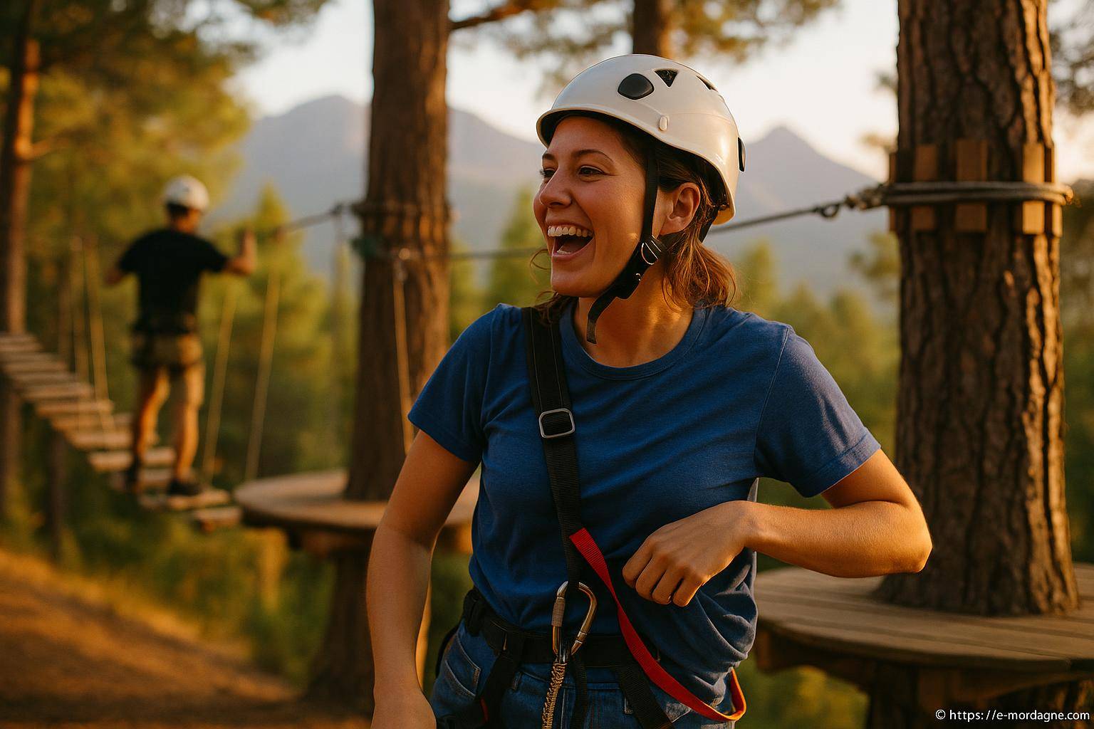 femme souriante casque harnais accrobranche