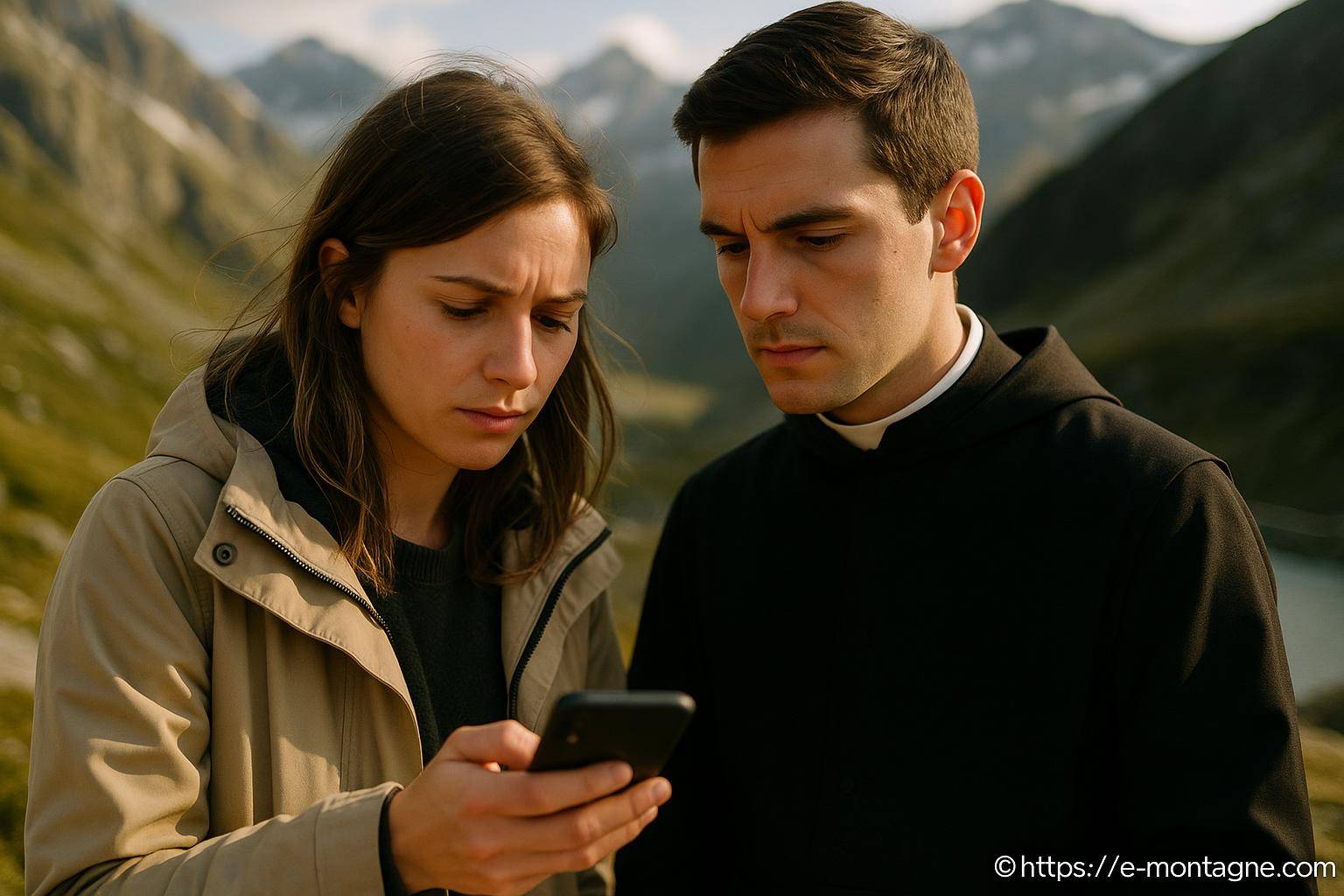 jeune femme et prêtre regardant un smartphone