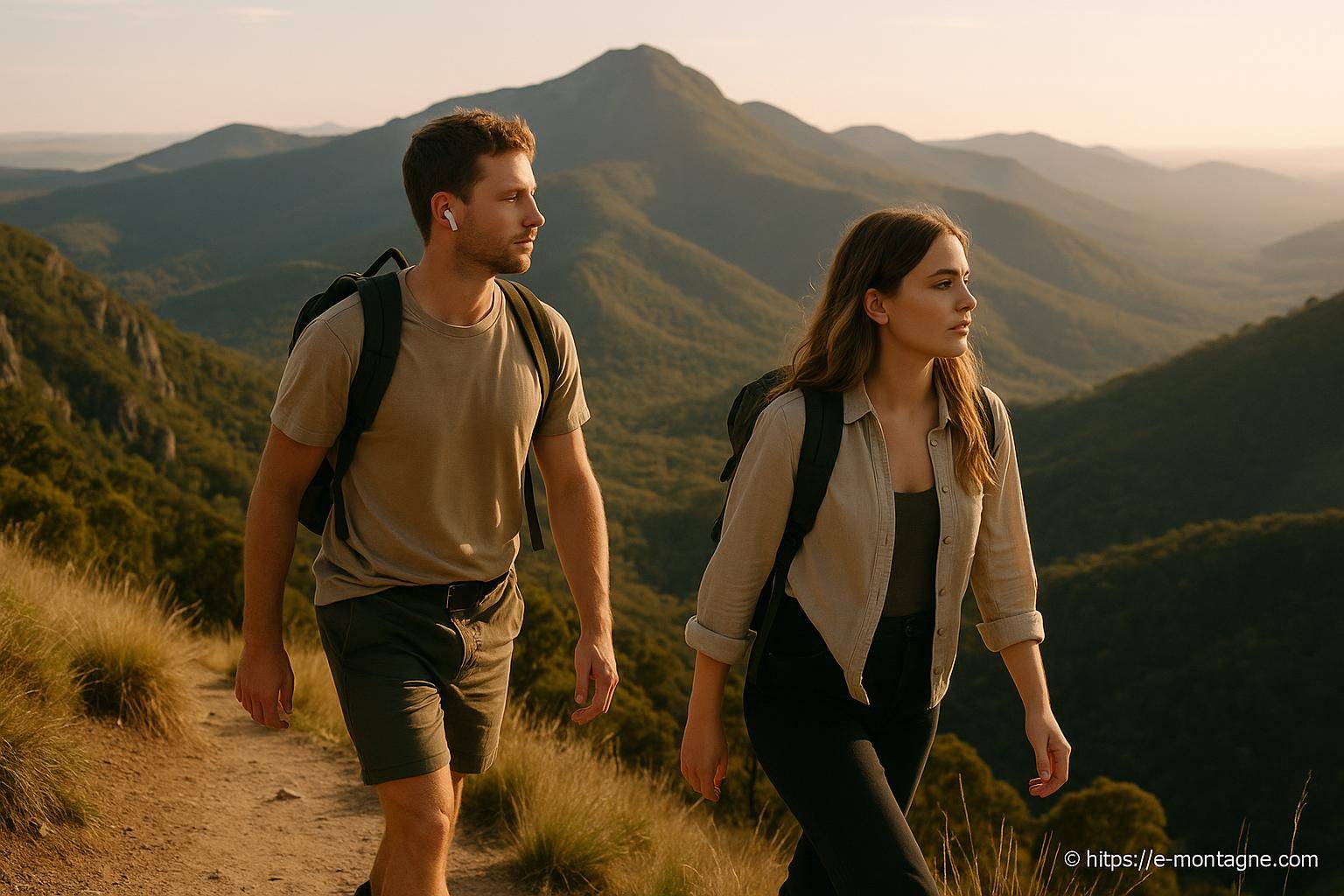 Couple randonnée montagne coucher soleil
