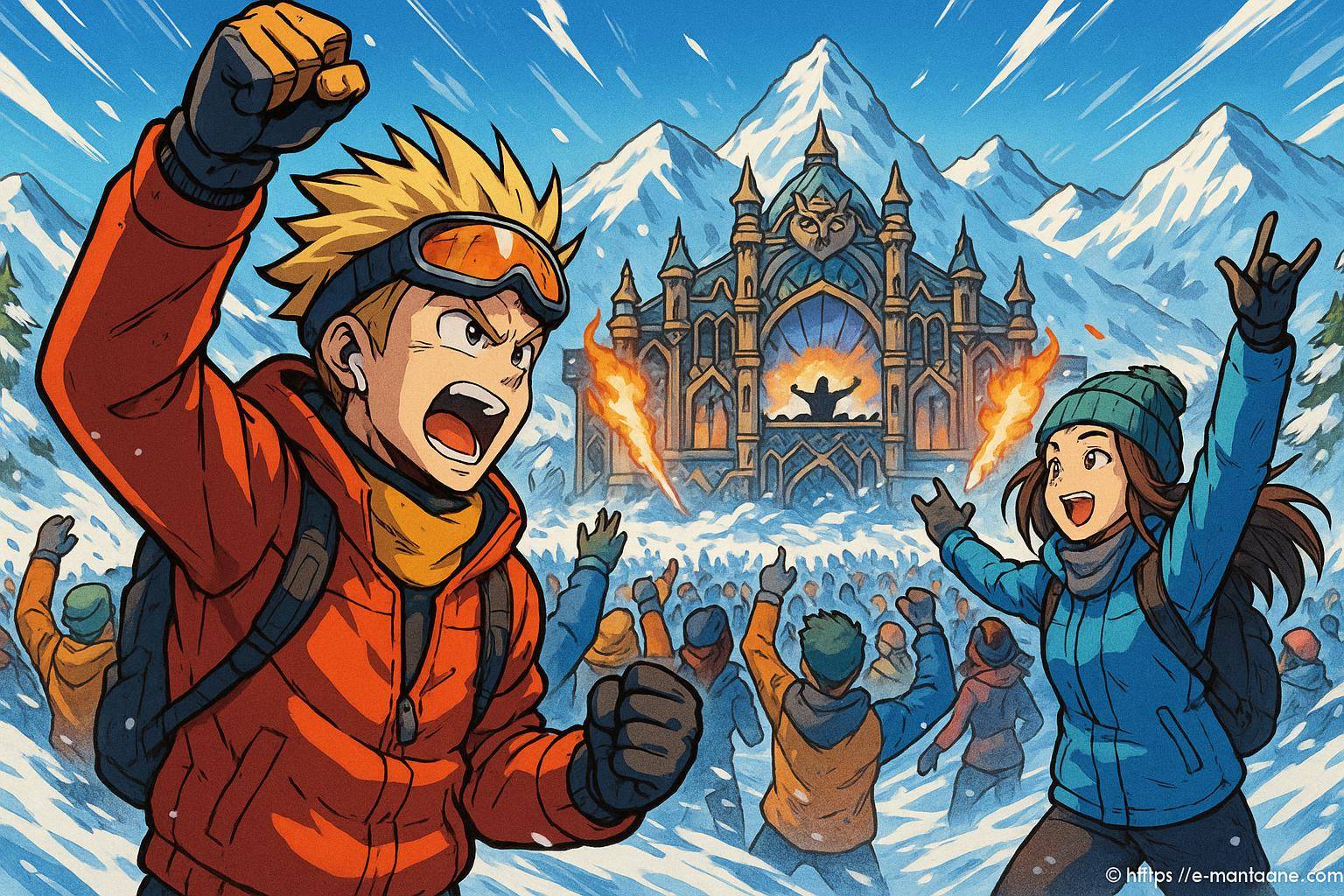 foule enthousiaste devant scène en montagne