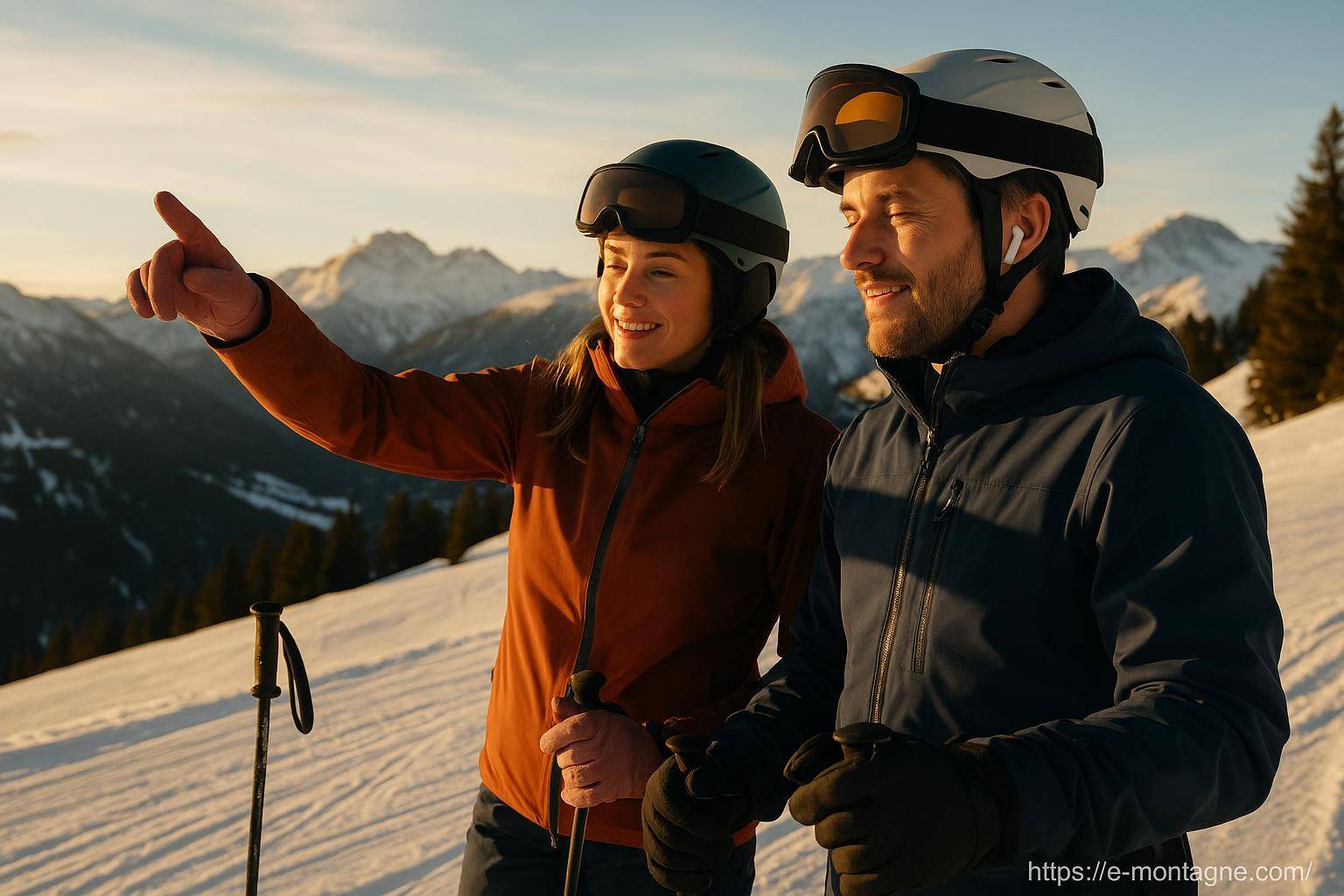 couple skieurs en montagne au coucher soleil