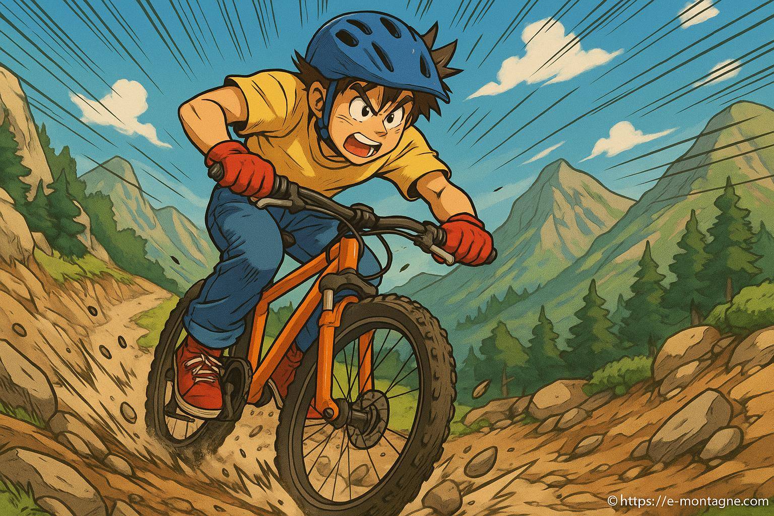 Jeune garçon fait du VTT en montagne