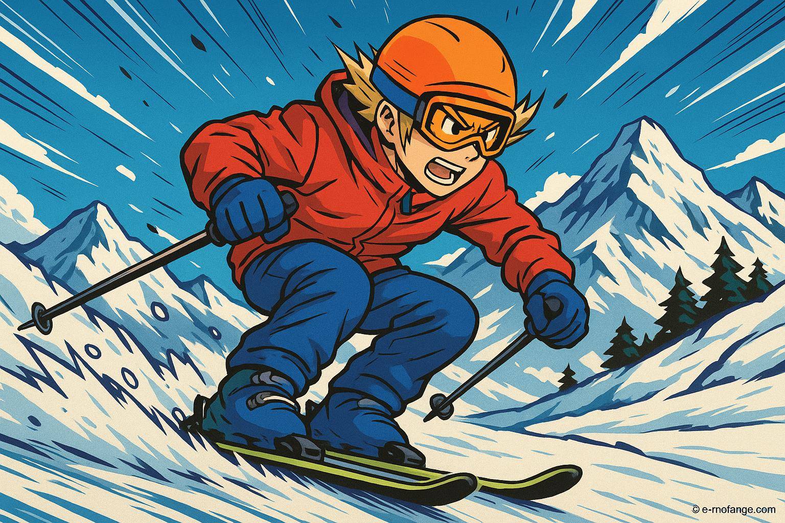 Personnage animé skiant en montagne