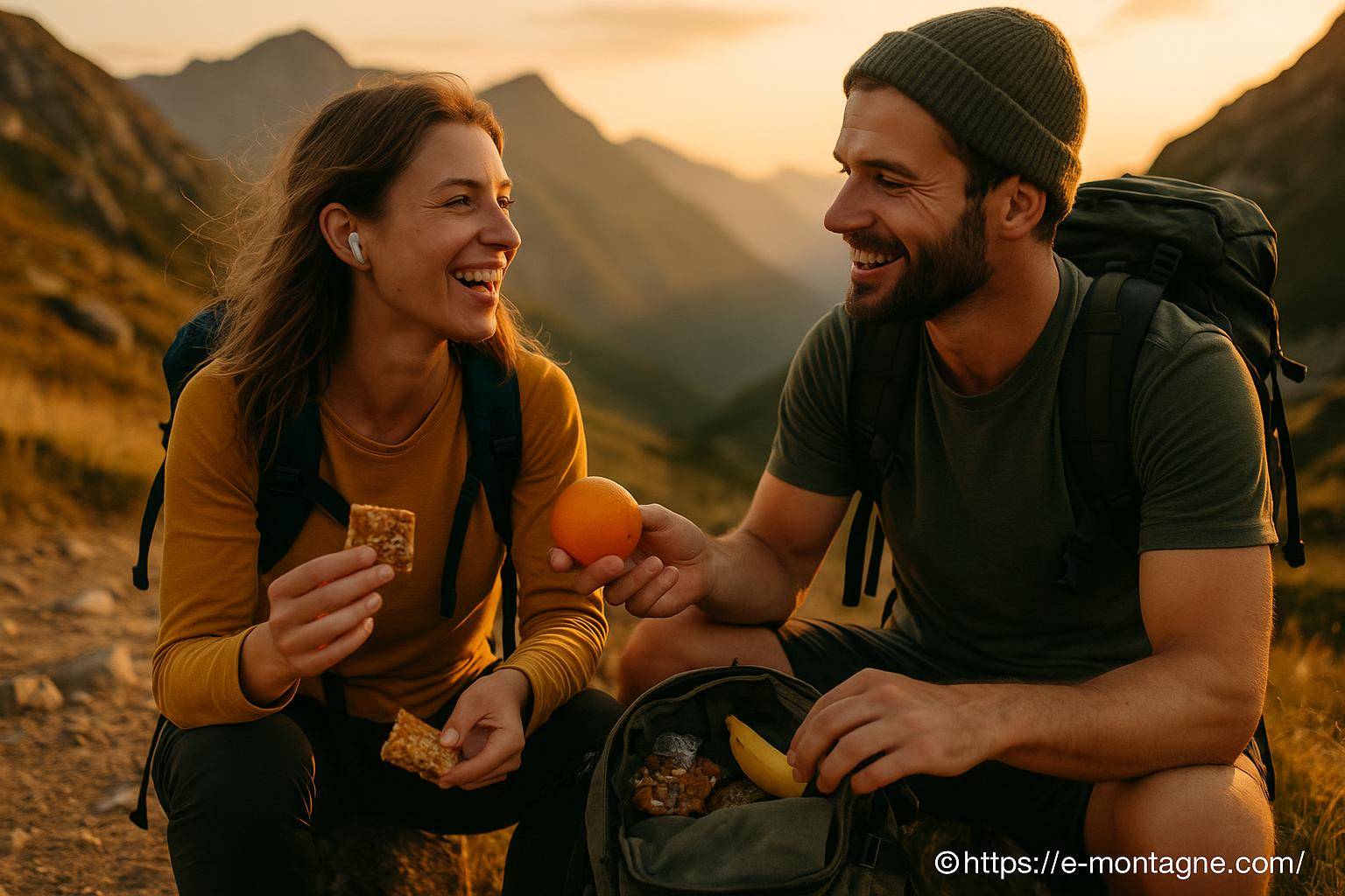 Couple en randonnée partageant une collation