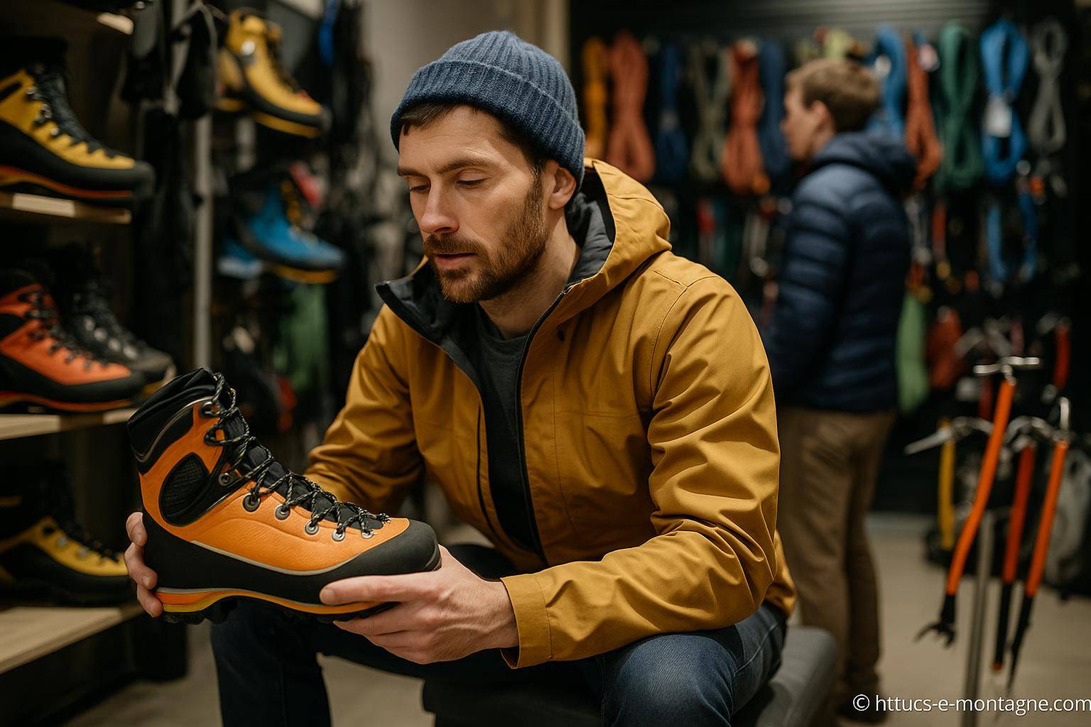 homme examinant chaussure de randonnée orange