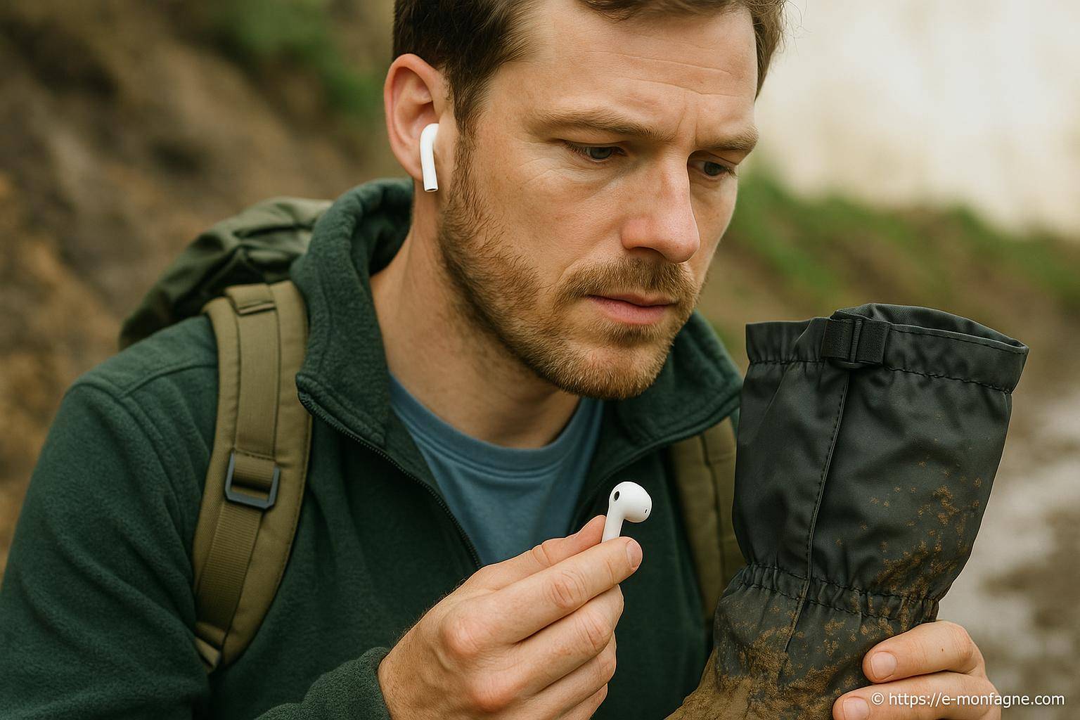 Homme avec écouteur sans fil en randonnée