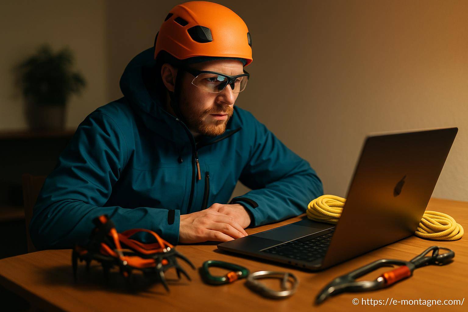 Homme en casque préparant escalade sur ordinateur