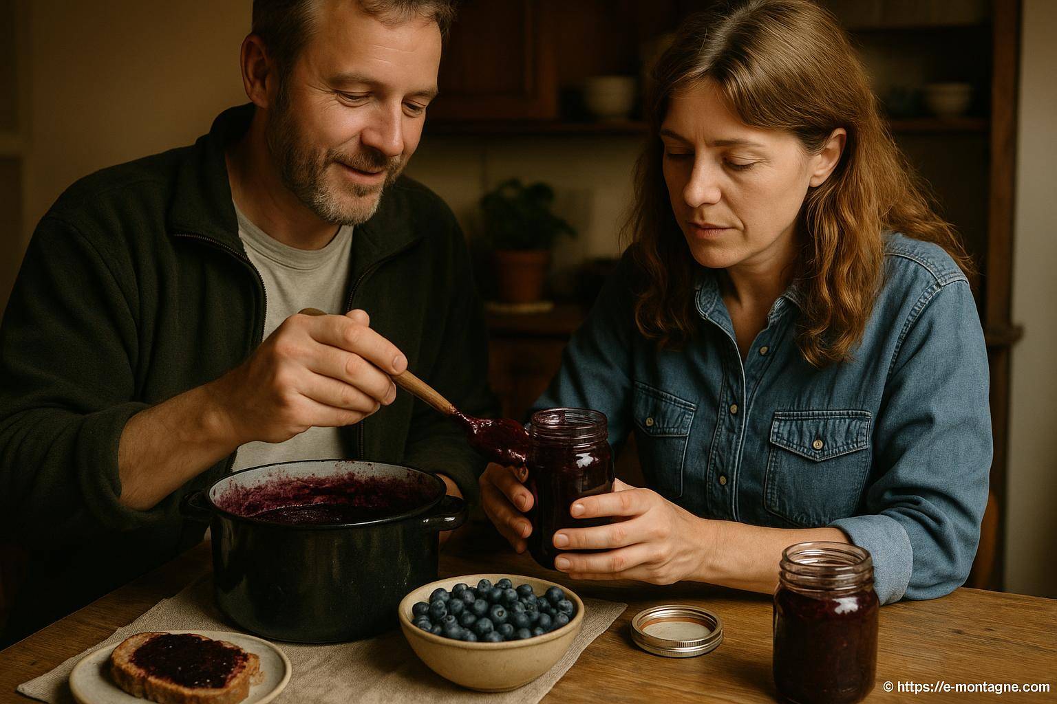 Couple préparant confiture de myrtilles maison