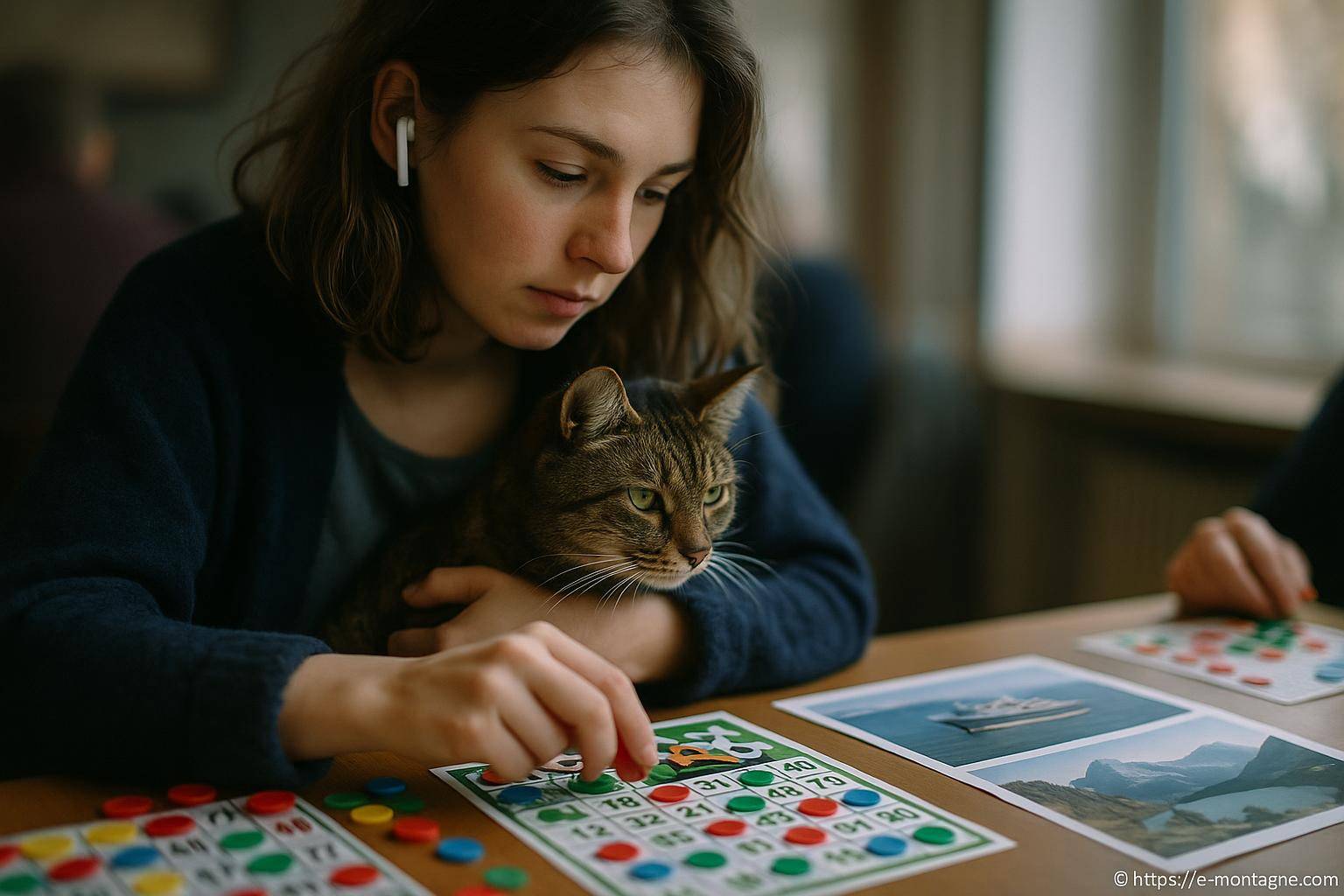 femme jouant au bingo avec un chat