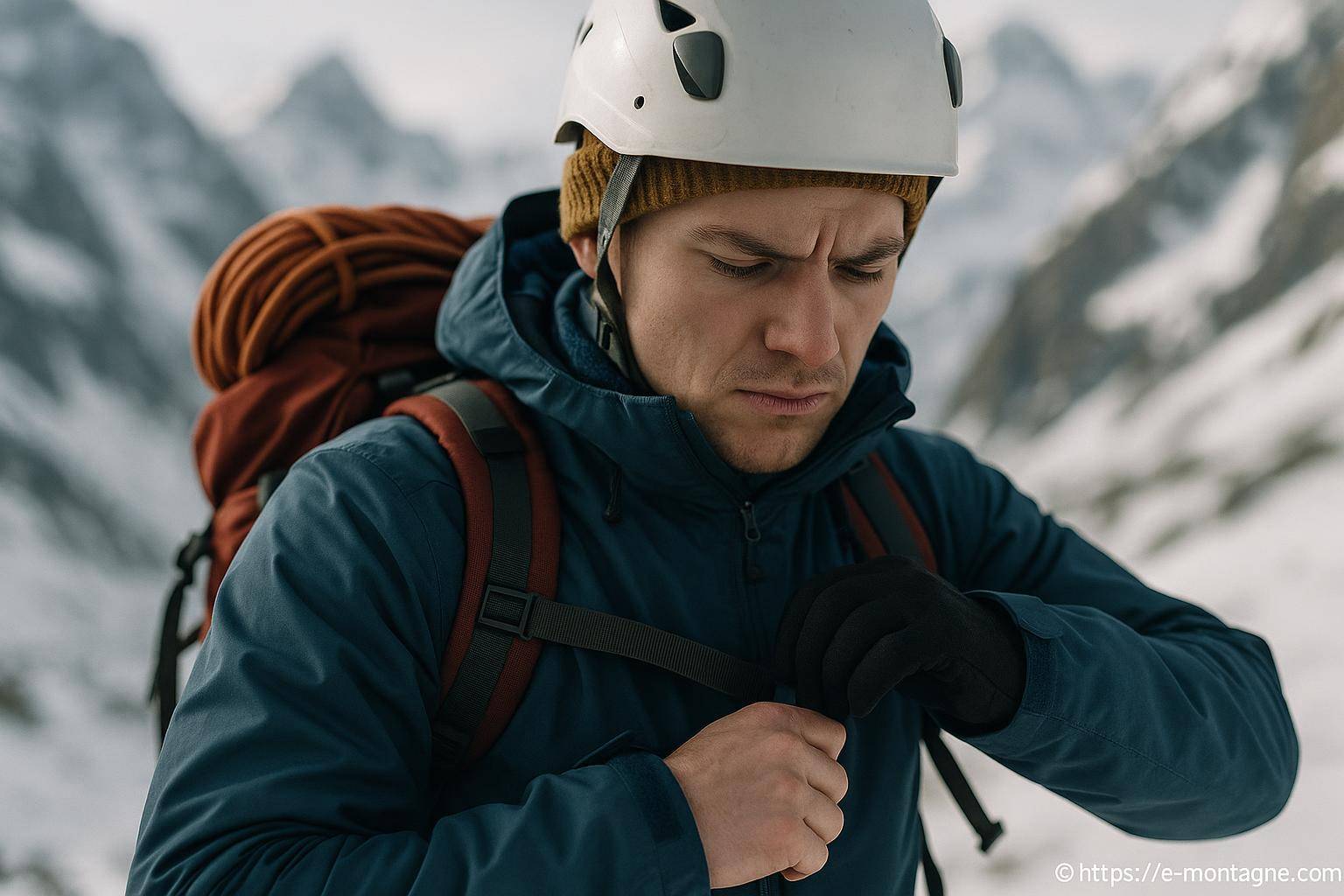 Homme en équipement d'alpinisme ajustant son sac à dos