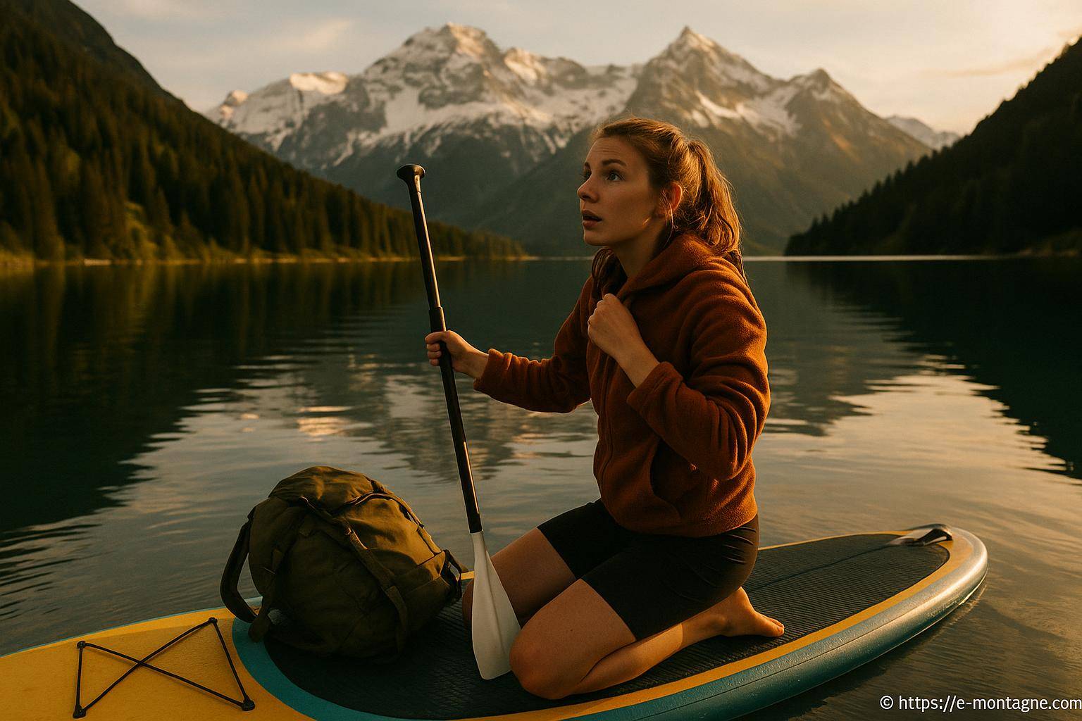 Femme pagayant sur un lac de montagne