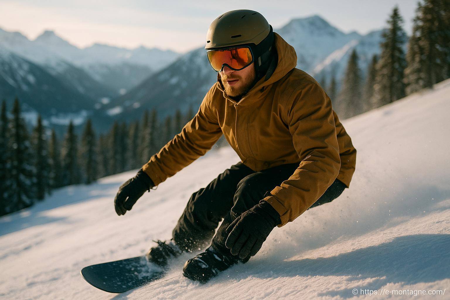 Homme en snowboard dans montagne enneigée