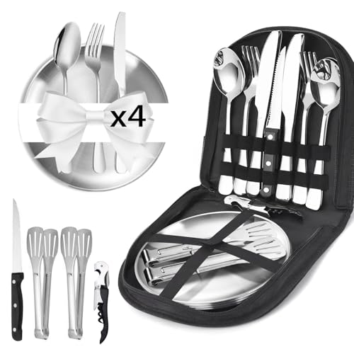 BFBYTAY Set Couvert Camping 4 Personnes,21 Kit Vaisselle Cam