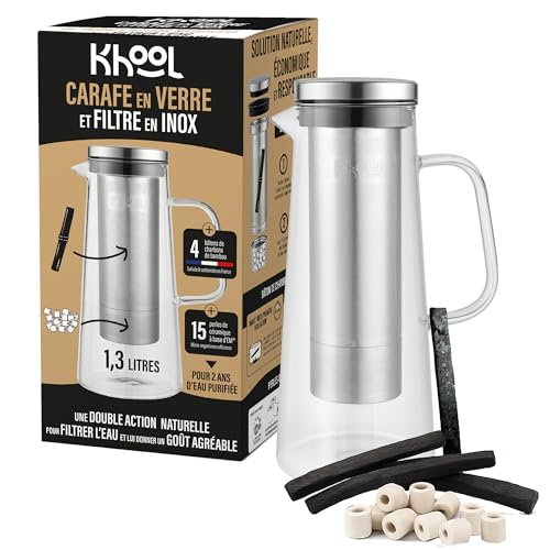 KHOOL - Kit Carafe filtration de leau en Verre et Inox + Bât